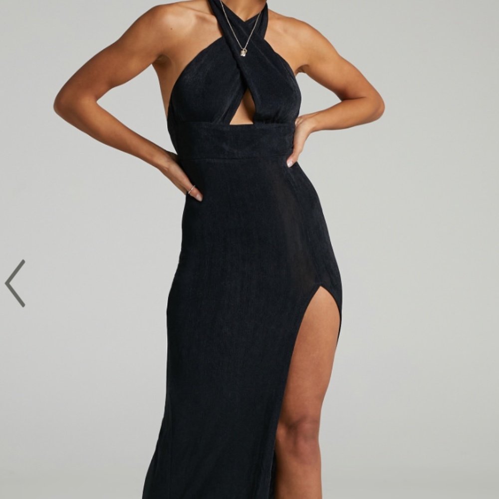 Halter Crossover Midi Dress in Black